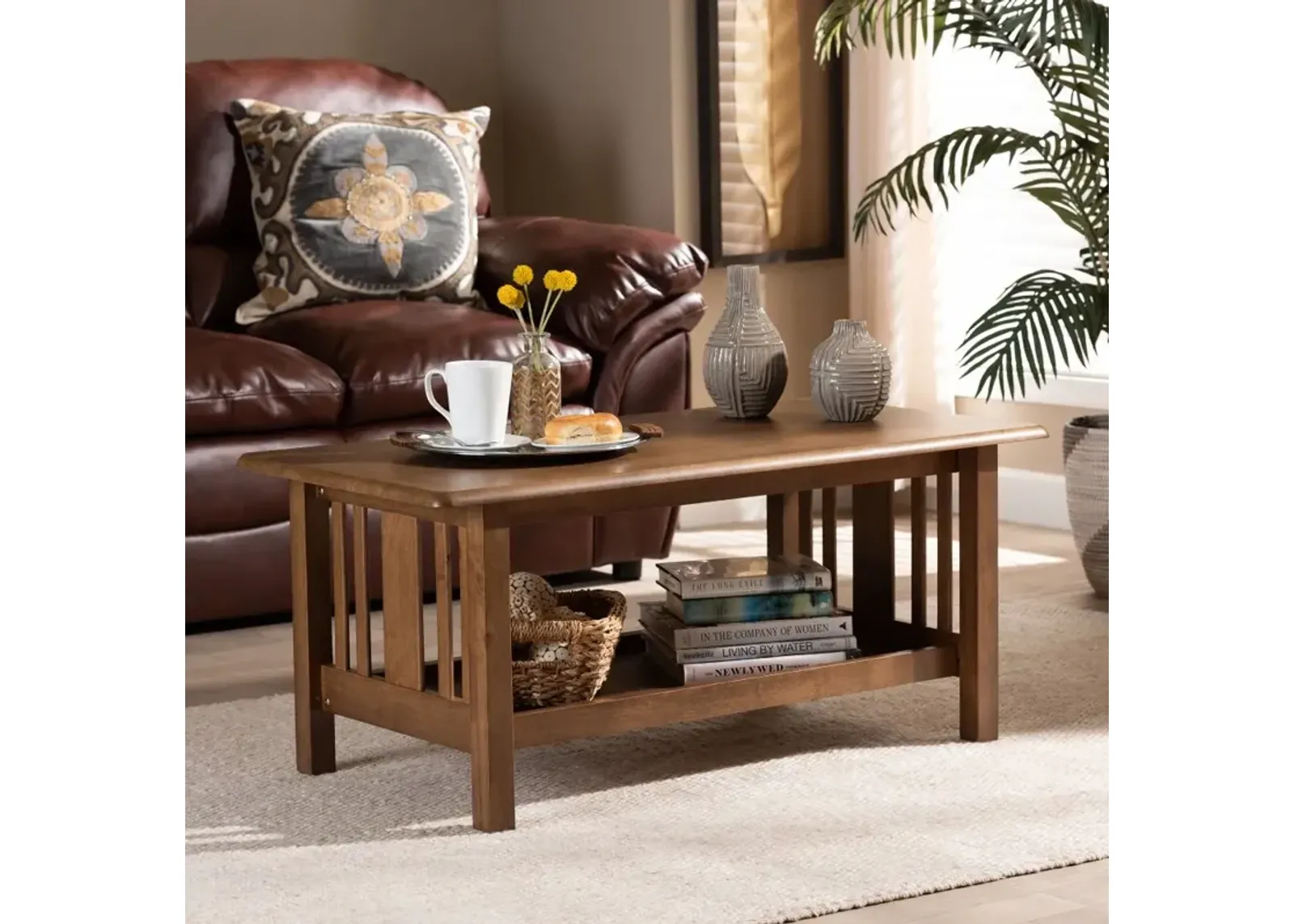 Mission Style Walnut Brown Rectangular Wood Coffee Table - Shelly