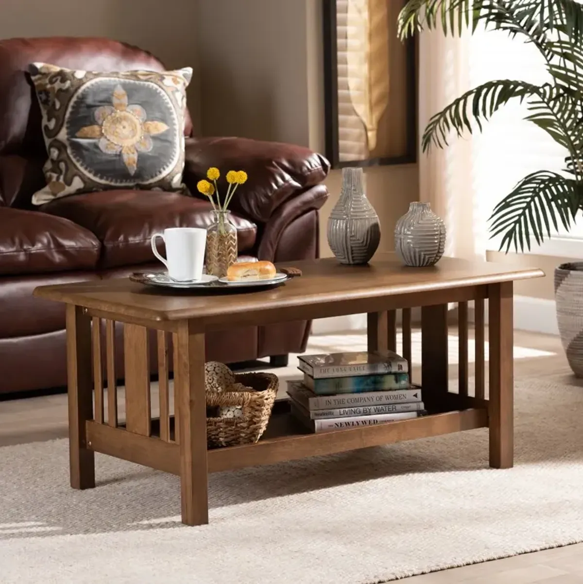 Mission Style Walnut Brown Rectangular Wood Coffee Table - Shelly