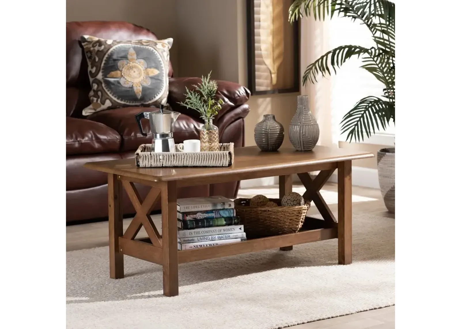 Traditional Walnut Rectangular Wood Coffee Table - Denzil