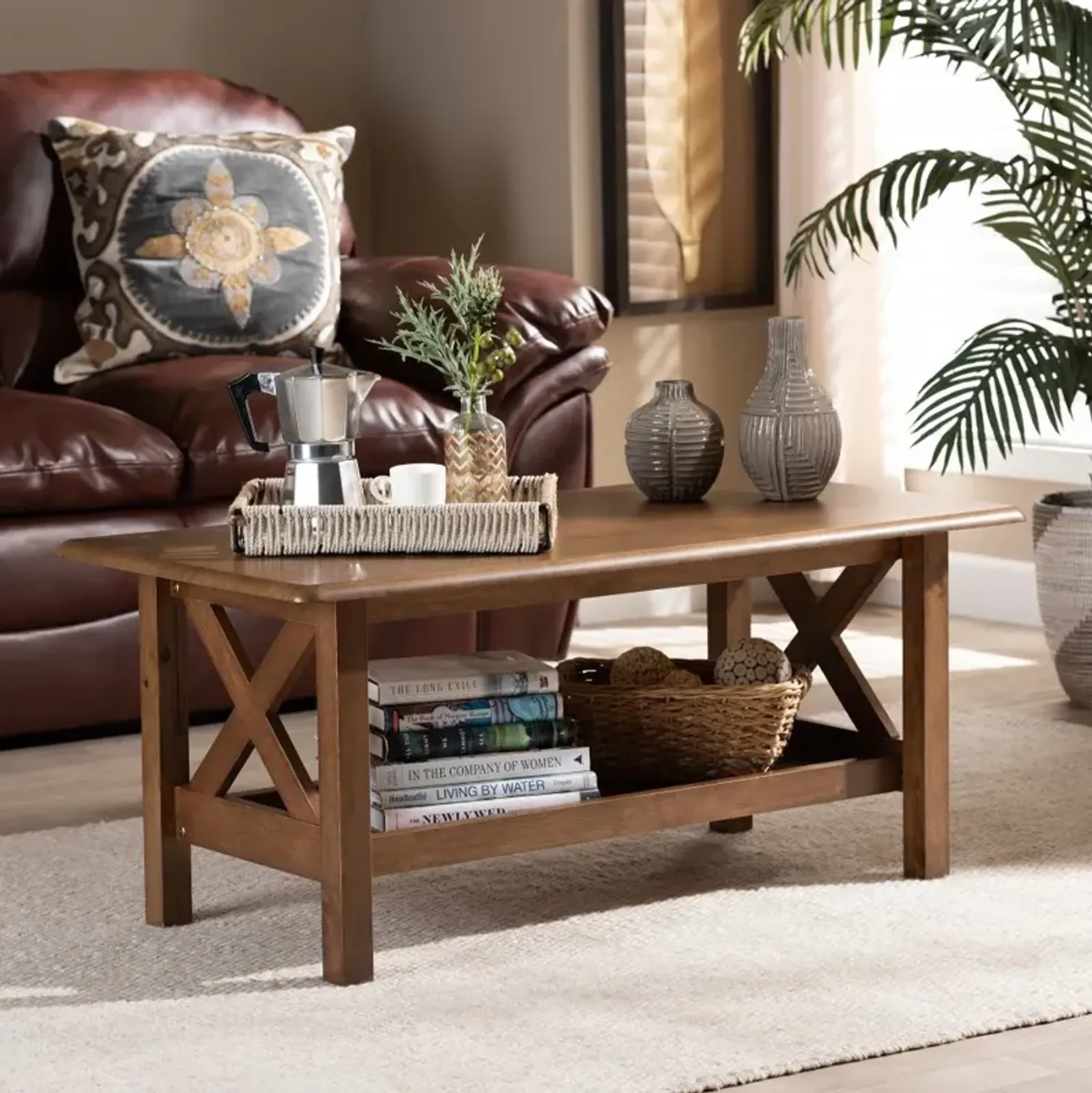 Traditional Walnut Rectangular Wood Coffee Table - Denzil