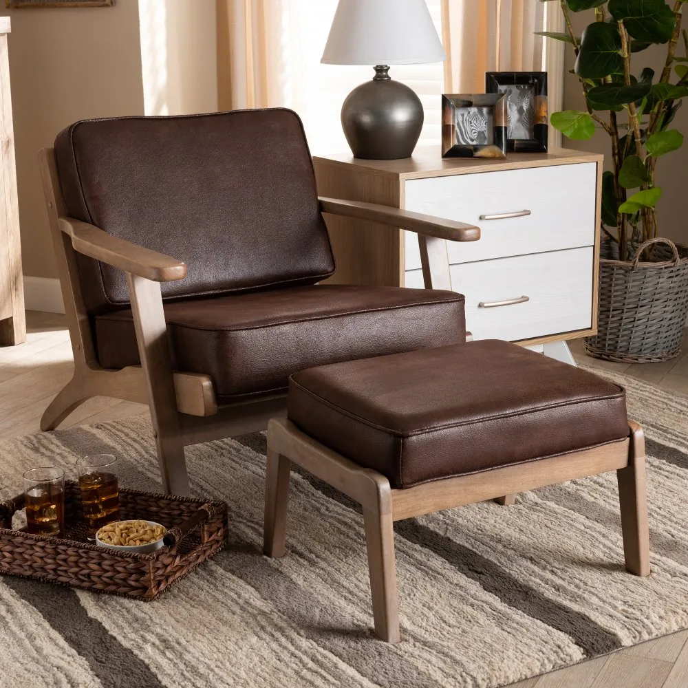 Petra Mid Century Modern Brown Chair and Ottoman Set