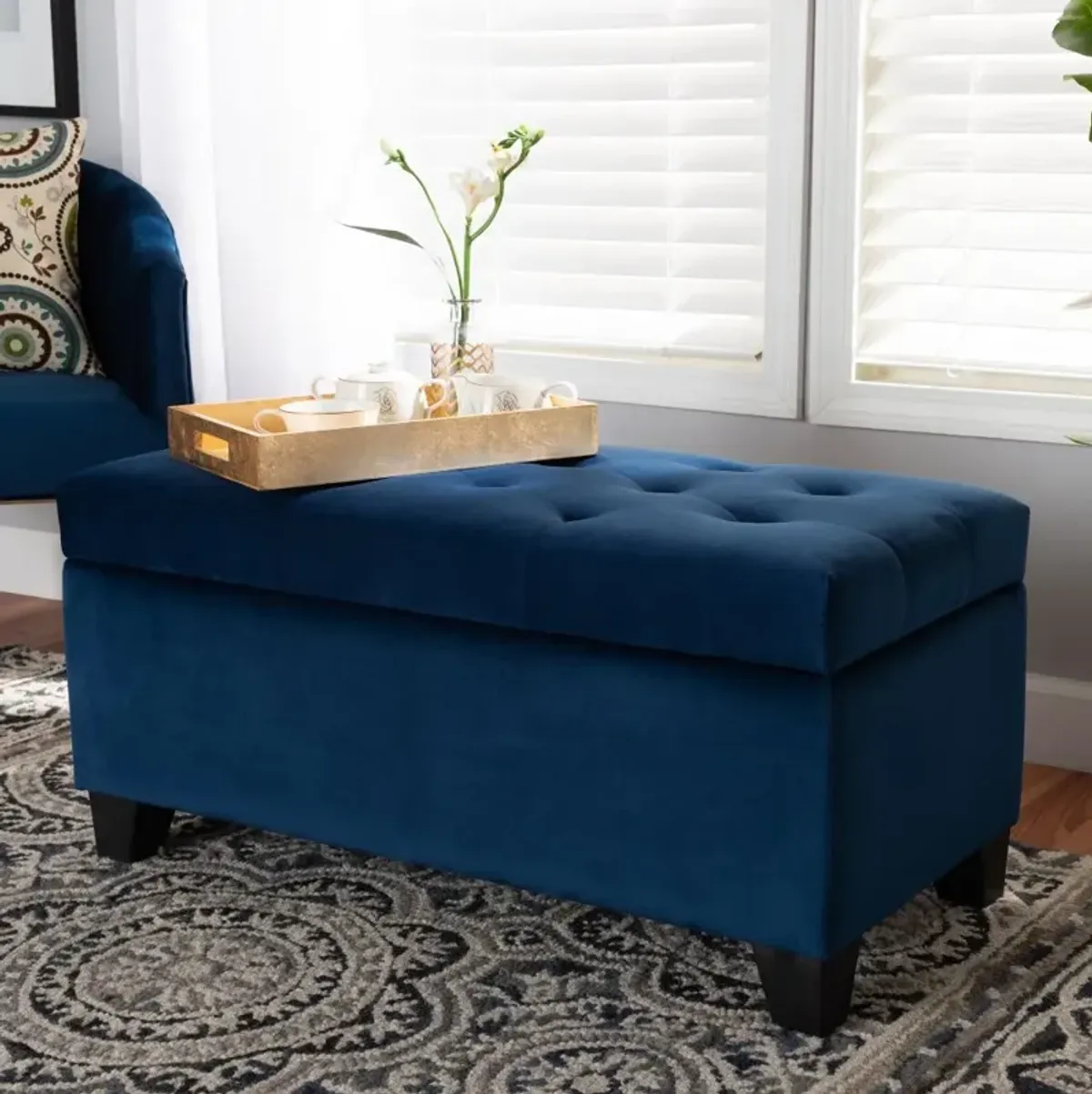 Contemporary Navy Blue Velvet Upholstered Storage Ottoman - Vonda