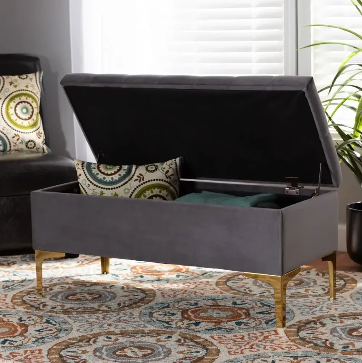 Glam Gray Velvet Upholstered Storage Ottoman - Gorden