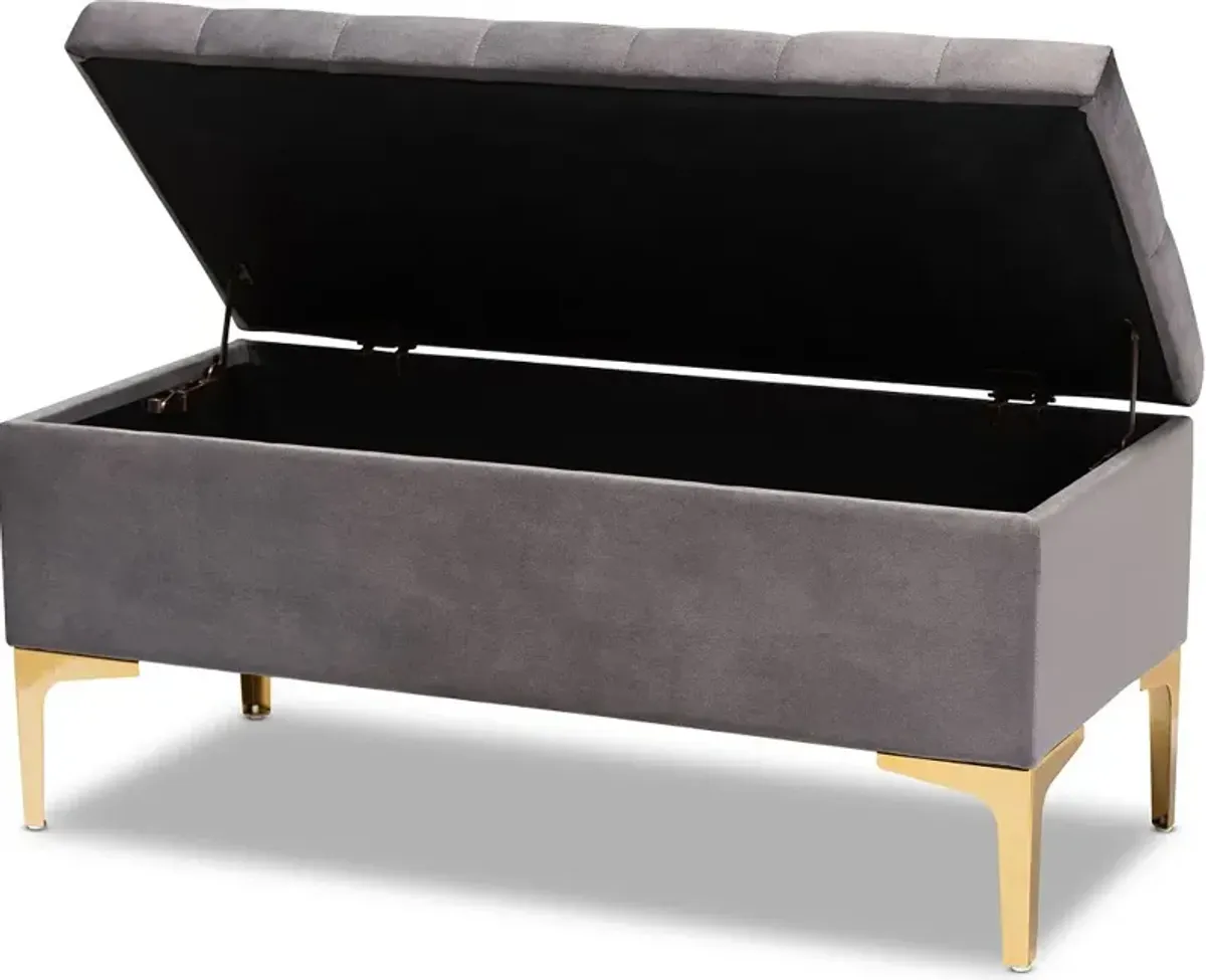 Glam Gray Velvet Upholstered Storage Ottoman - Gorden