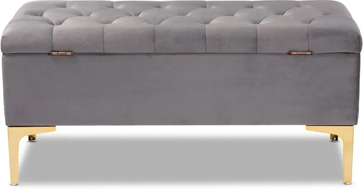 Glam Gray Velvet Upholstered Storage Ottoman - Gorden