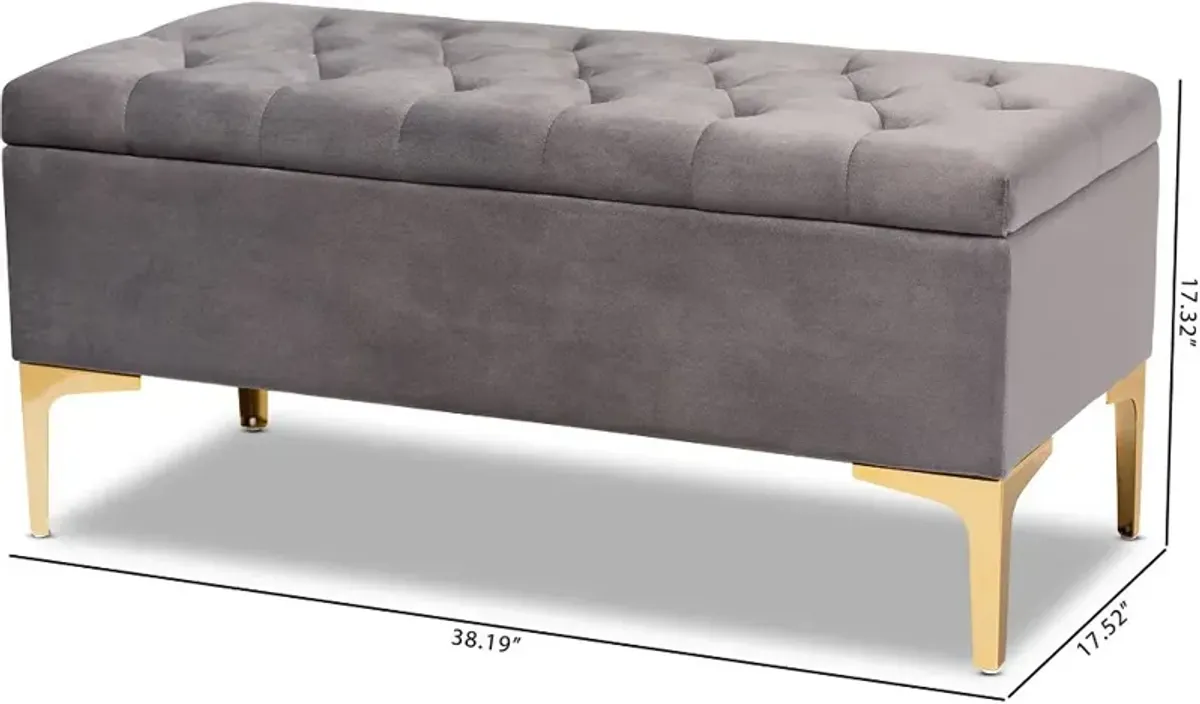 Glam Gray Velvet Upholstered Storage Ottoman - Gorden