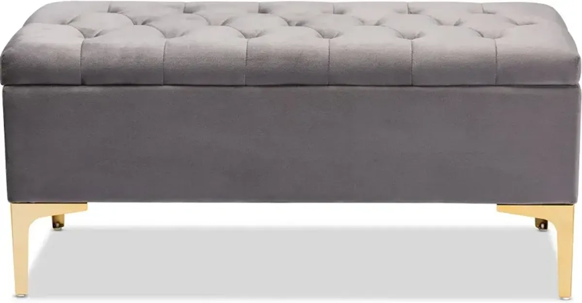 Glam Gray Velvet Upholstered Storage Ottoman - Gorden