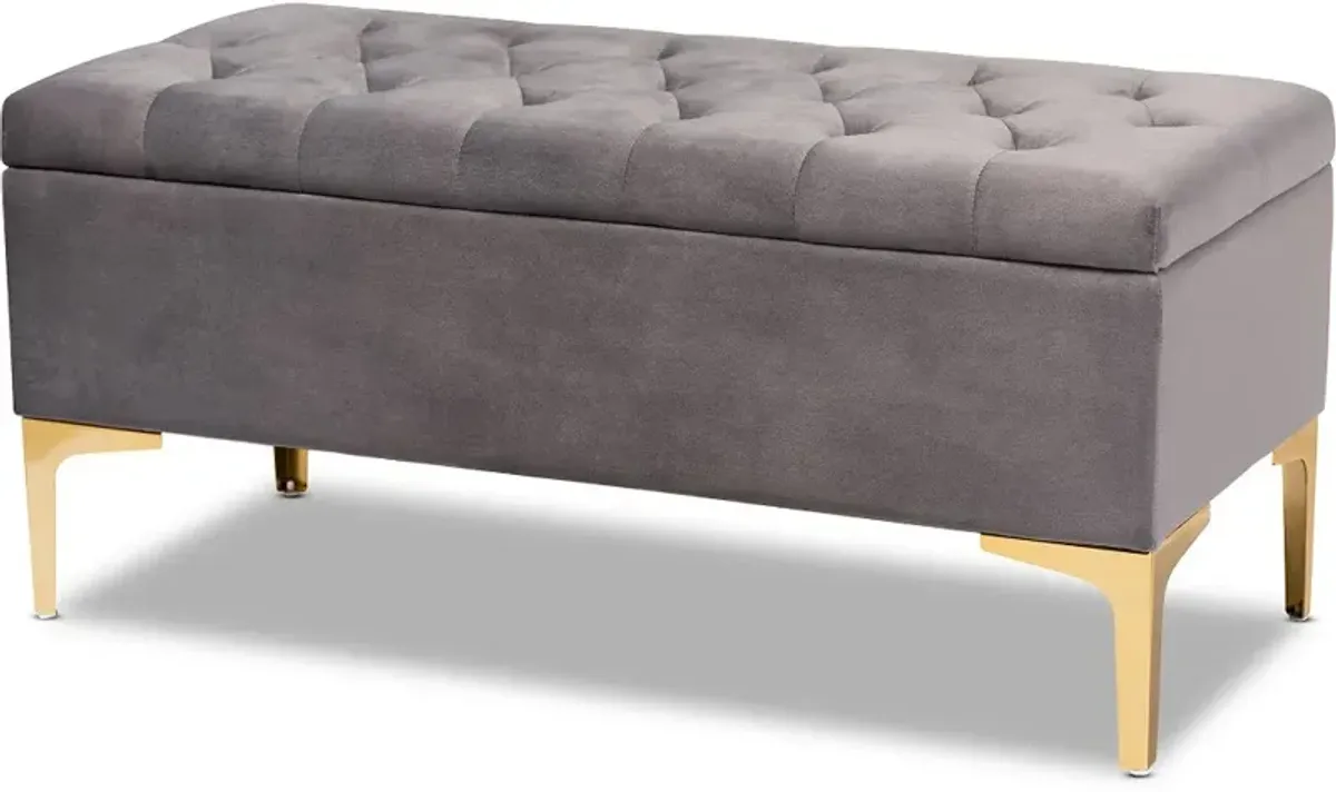 Glam Gray Velvet Upholstered Storage Ottoman - Gorden