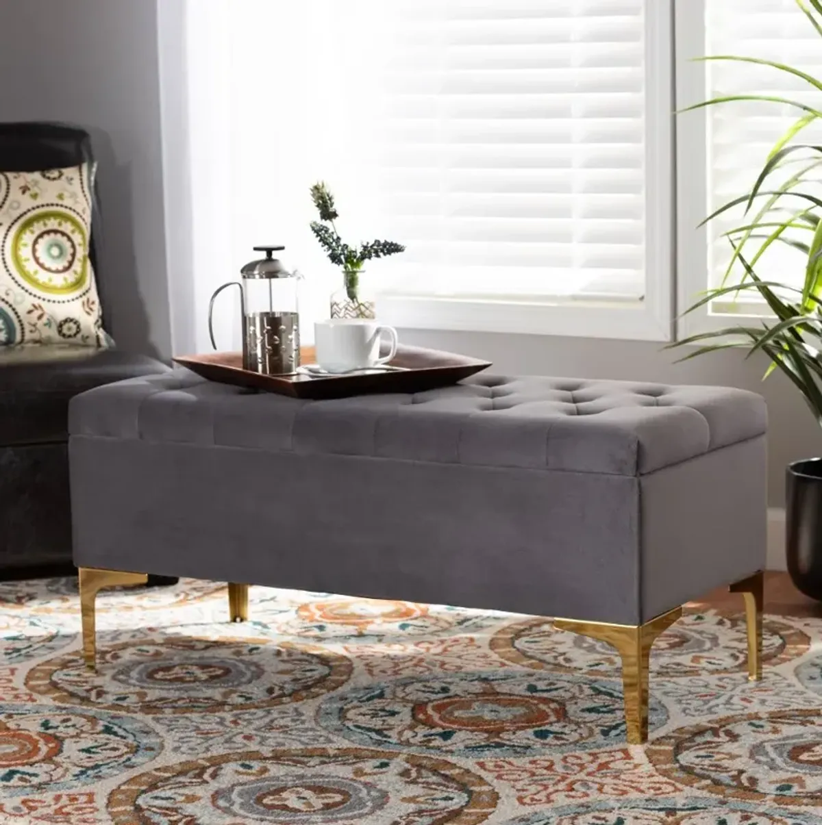 Glam Gray Velvet Upholstered Storage Ottoman - Gorden