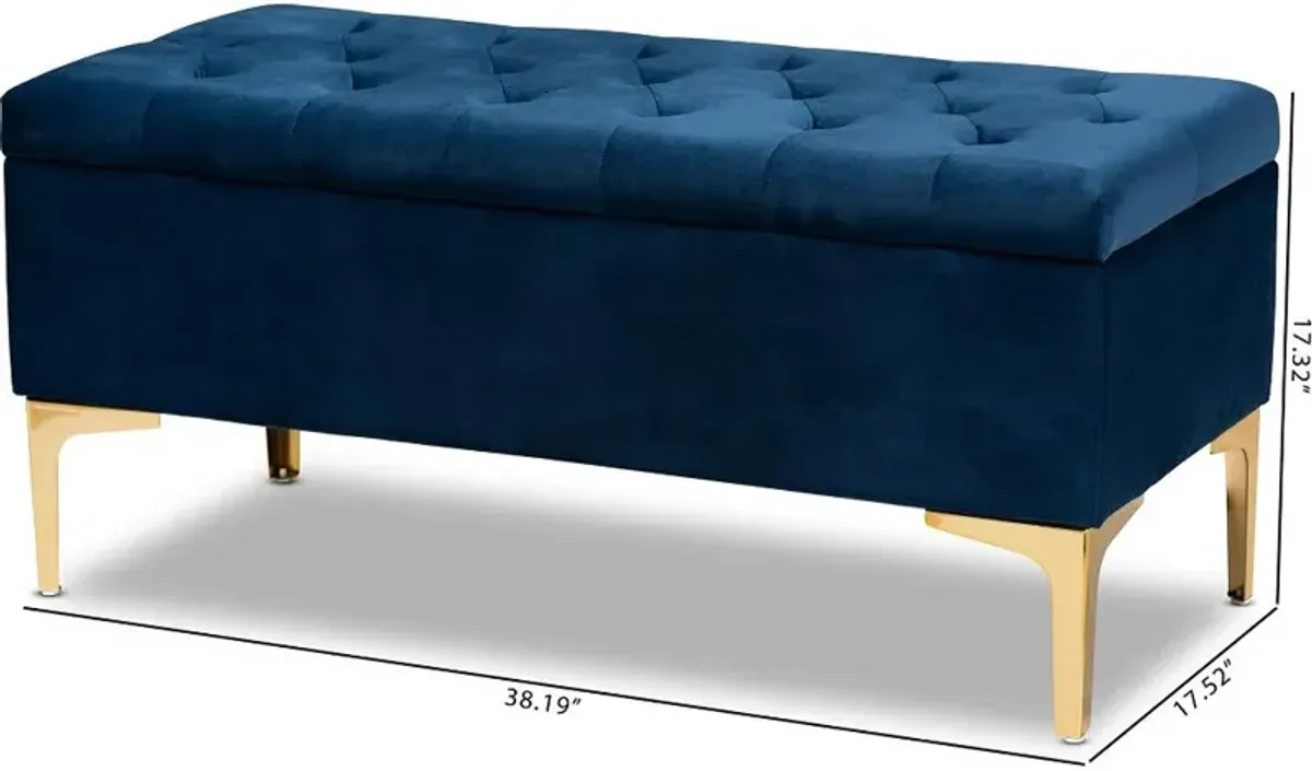 Glam Navy Blue Velvet Upholstered Storage Ottoman - Gorden