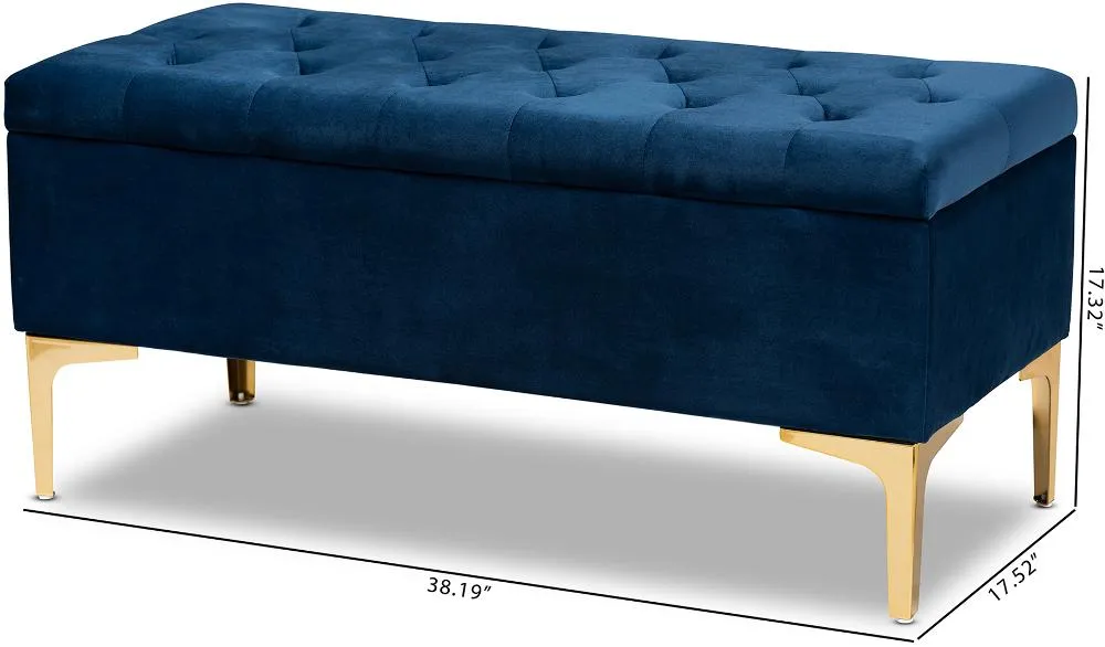 Glam Navy Blue Velvet Upholstered Storage Ottoman - Gorden