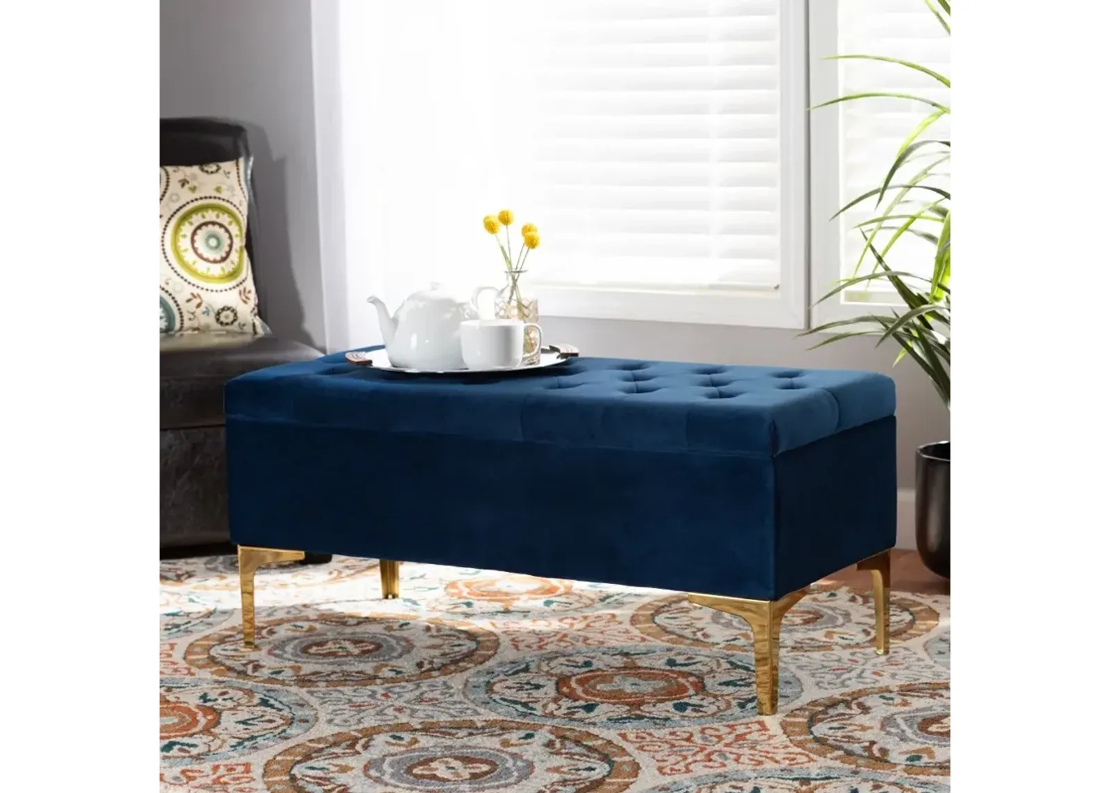 Glam Navy Blue Velvet Upholstered Storage Ottoman - Gorden