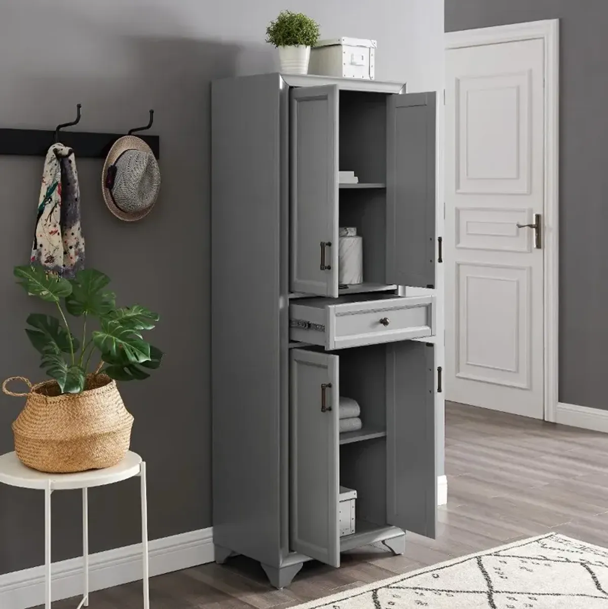 Tara Transitional Distressed Gray Tall Storage Pantry