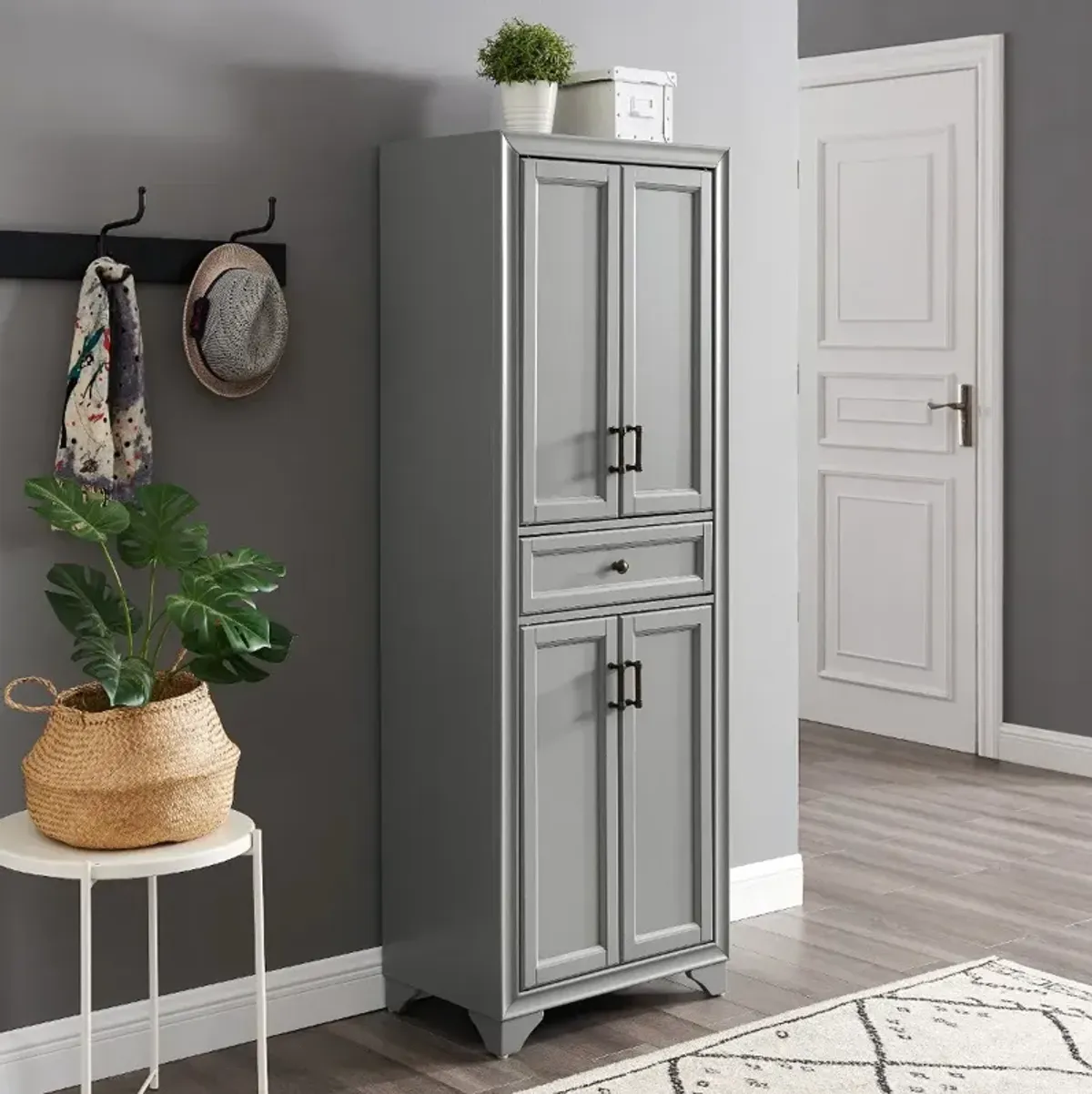 Tara Transitional Distressed Gray Tall Storage Pantry