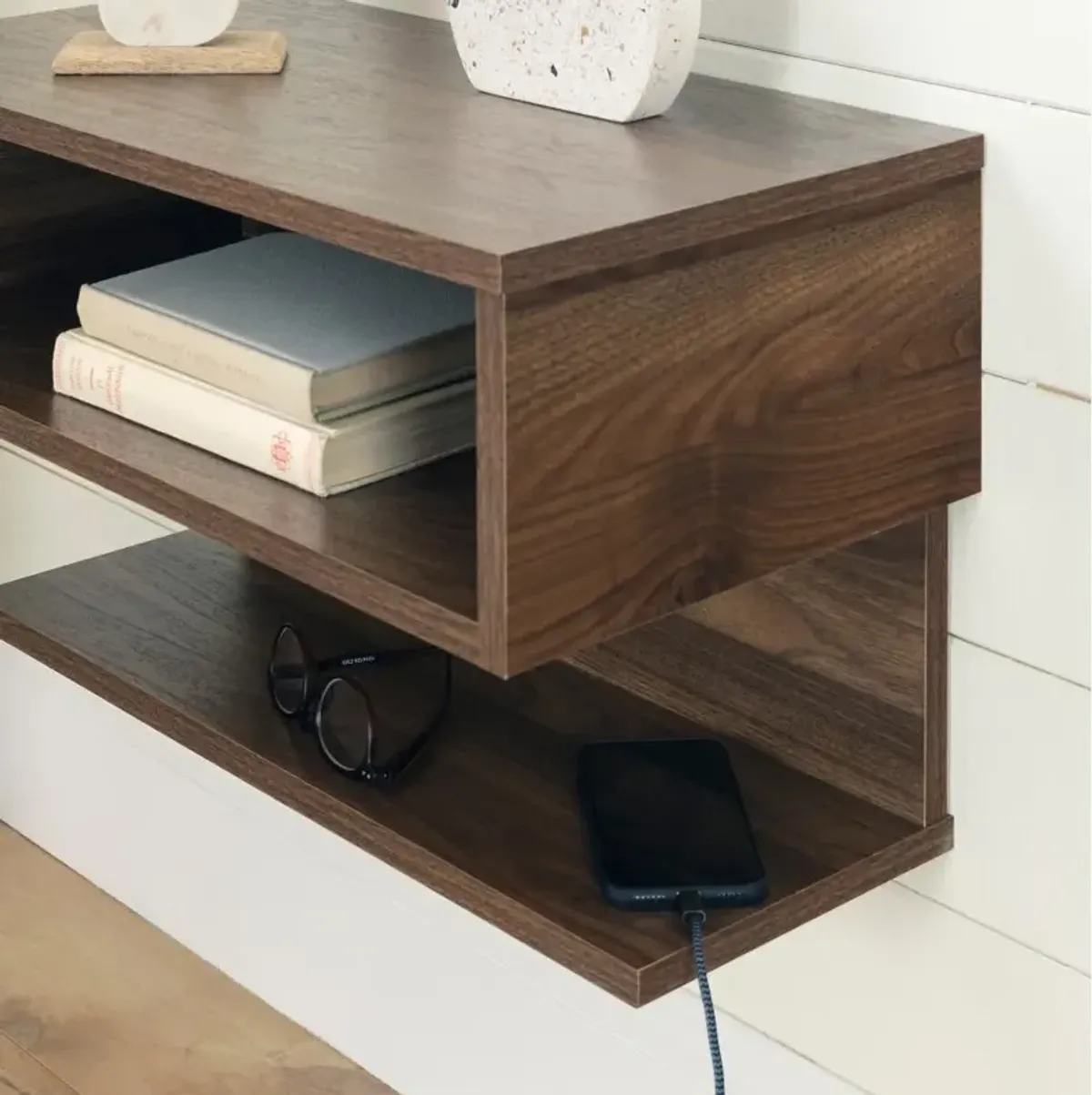 Walnut Floating Nightstand- Sazena