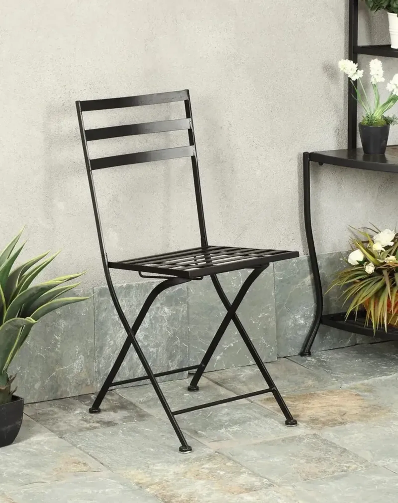 Set of 3 Black Metal Patio Chairs - Stone