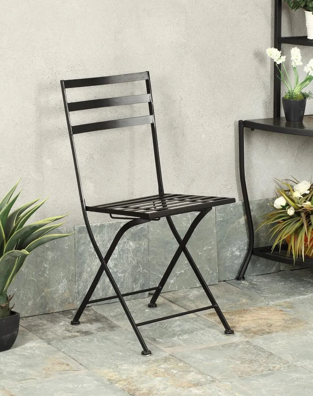 Set of 3 Black Metal Patio Chairs - Stone