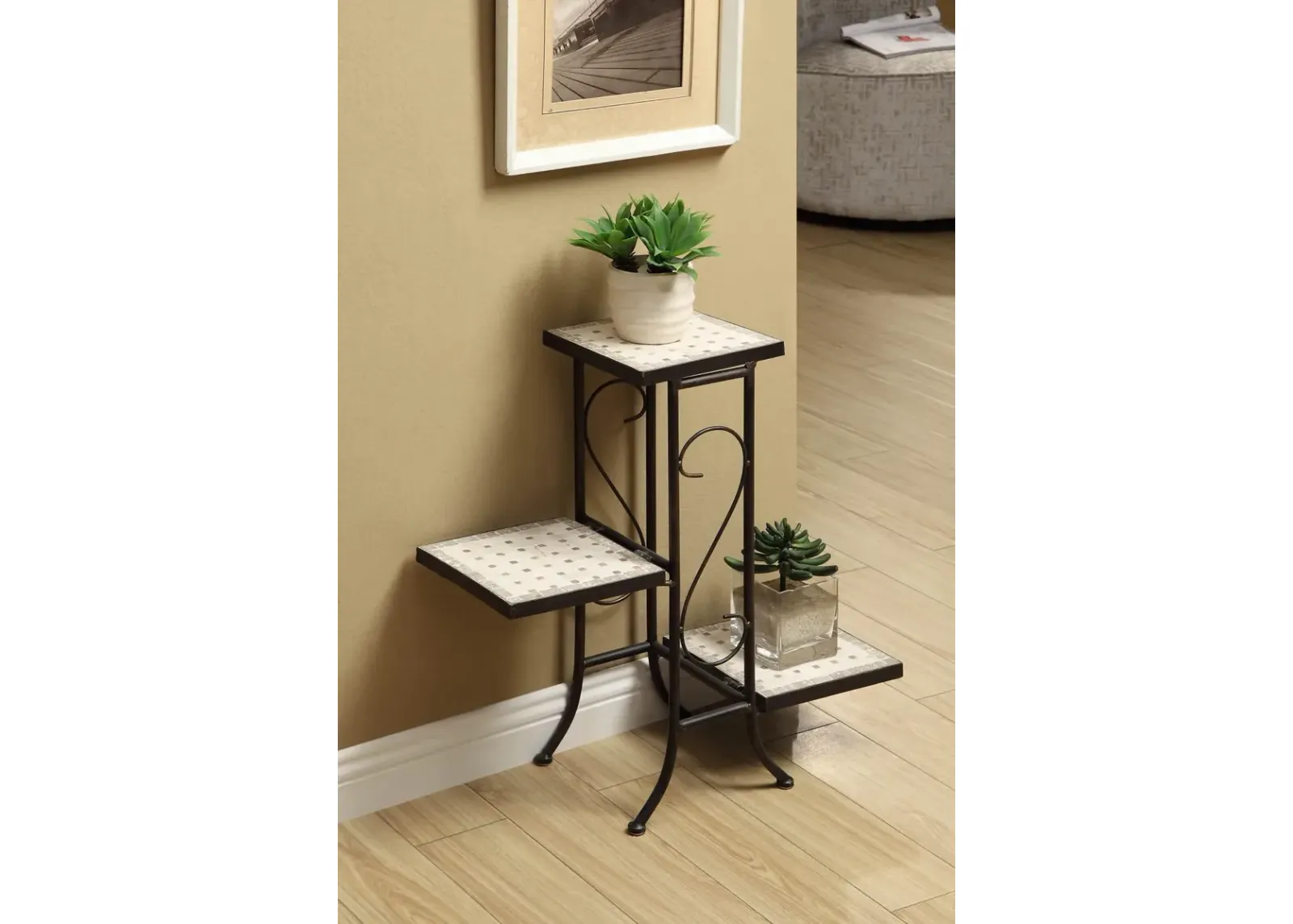 Travertine Metal and Stone 3 Tier Plant Stand