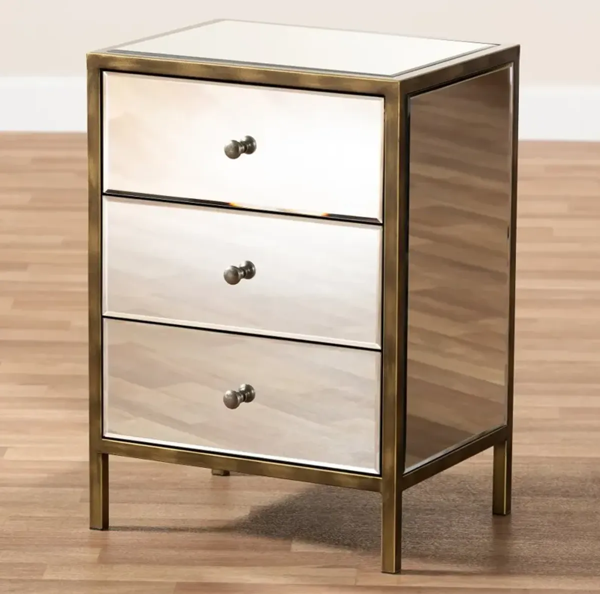 Contemporary Mirrored and Brass Nightstand - Dreda