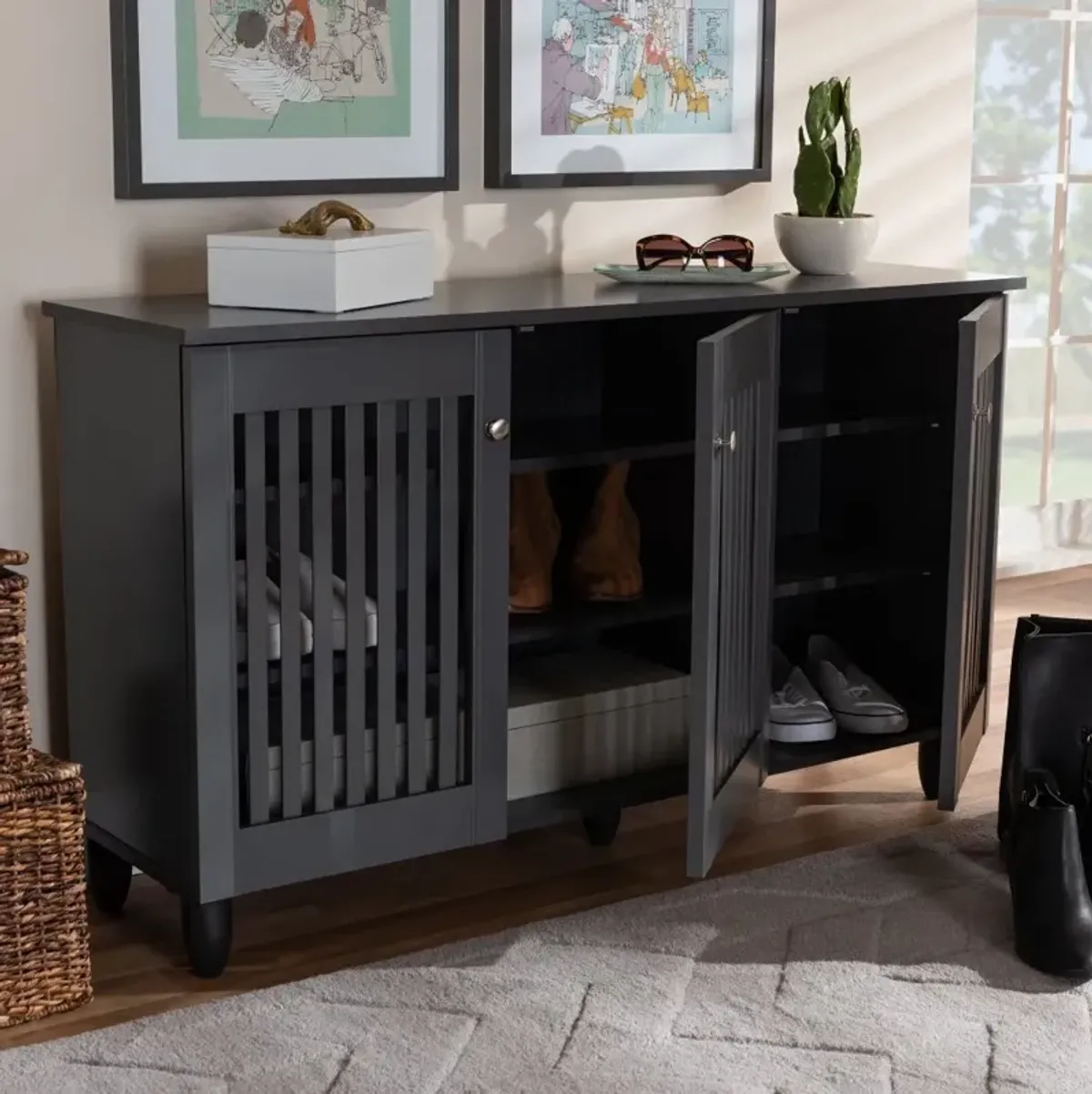 Modern Dark Gray 3 Door Entryway Shoe Storage Wide Cabinet - Sheenagh