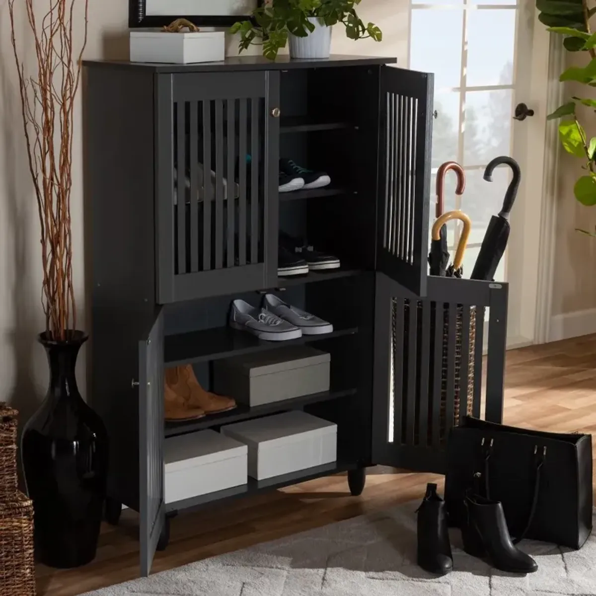 Modern Dark Gray 4 Door Entryway Shoe Storage Cabinet - Sheenagh