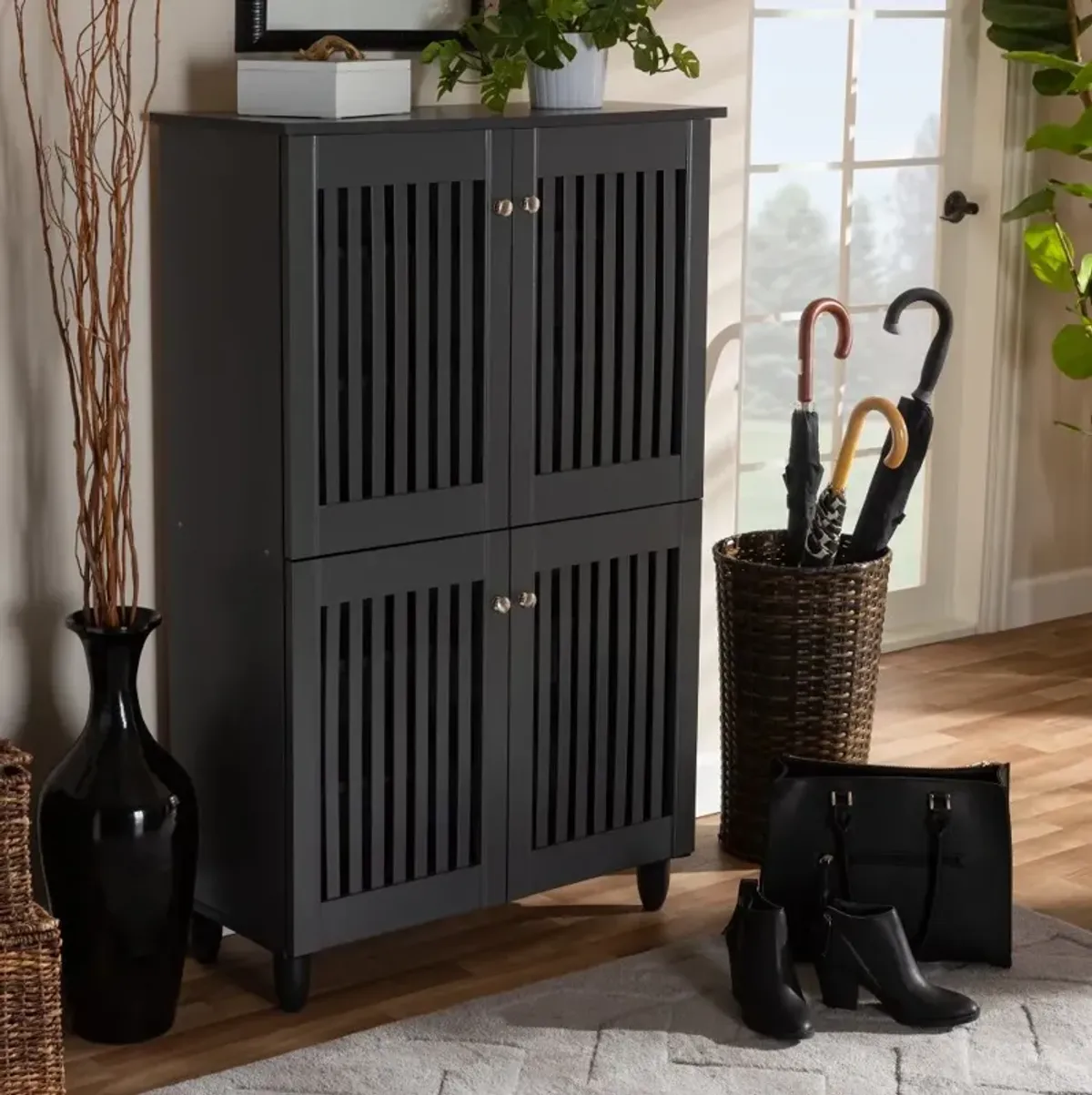 Modern Dark Gray 4 Door Entryway Shoe Storage Cabinet - Sheenagh