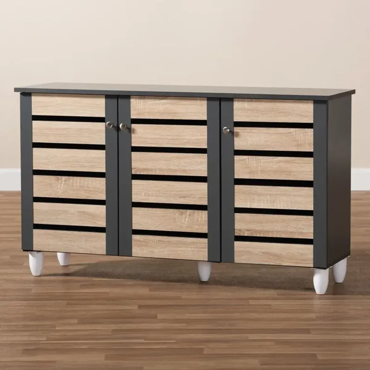 Modern Two Tone Oak and Dark Gray 3 Door Shoe Storage Cabinet - Thom