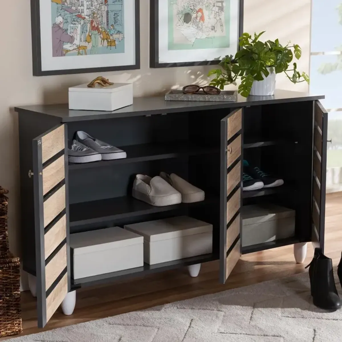 Modern Two Tone Oak and Dark Gray 3 Door Shoe Storage Cabinet - Thom