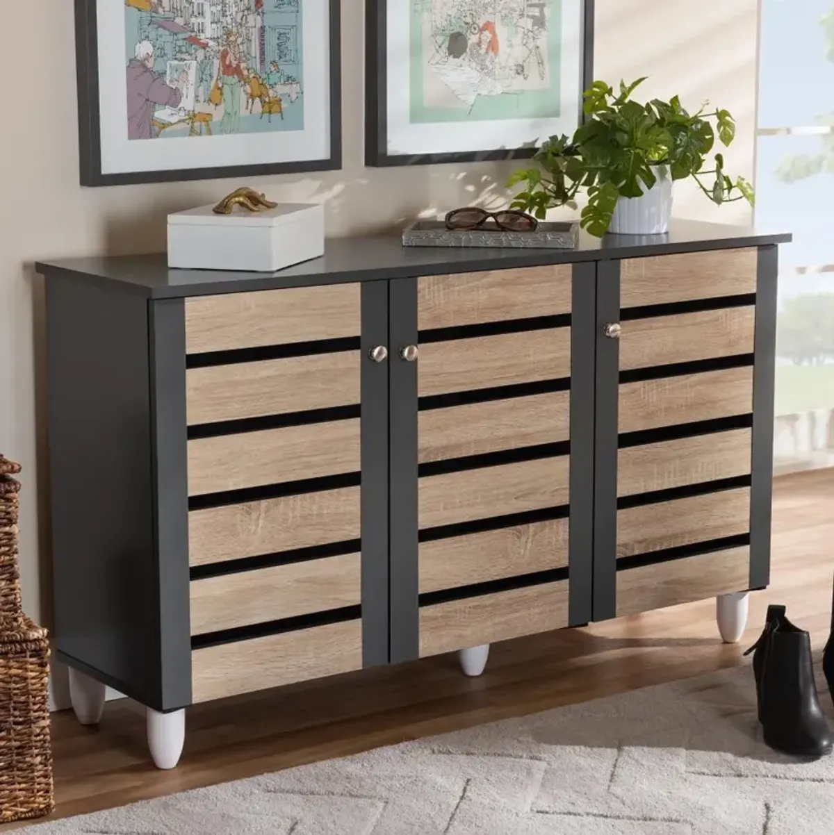 Modern Two Tone Oak and Dark Gray 3 Door Shoe Storage Cabinet - Thom