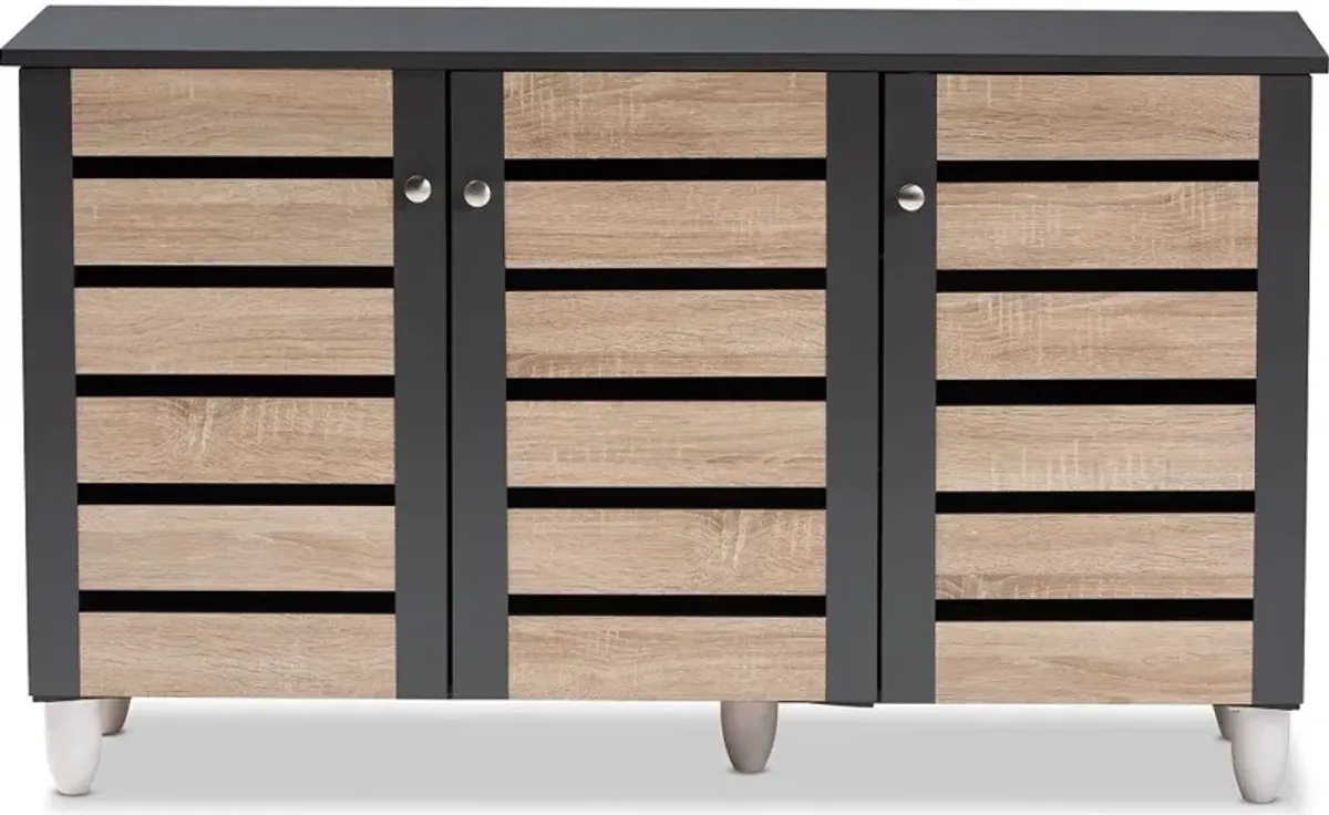 Modern Two Tone Oak and Dark Gray 3 Door Shoe Storage Cabinet - Thom