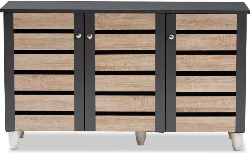 Modern Two Tone Oak and Dark Gray 3 Door Shoe Storage Cabinet - Thom