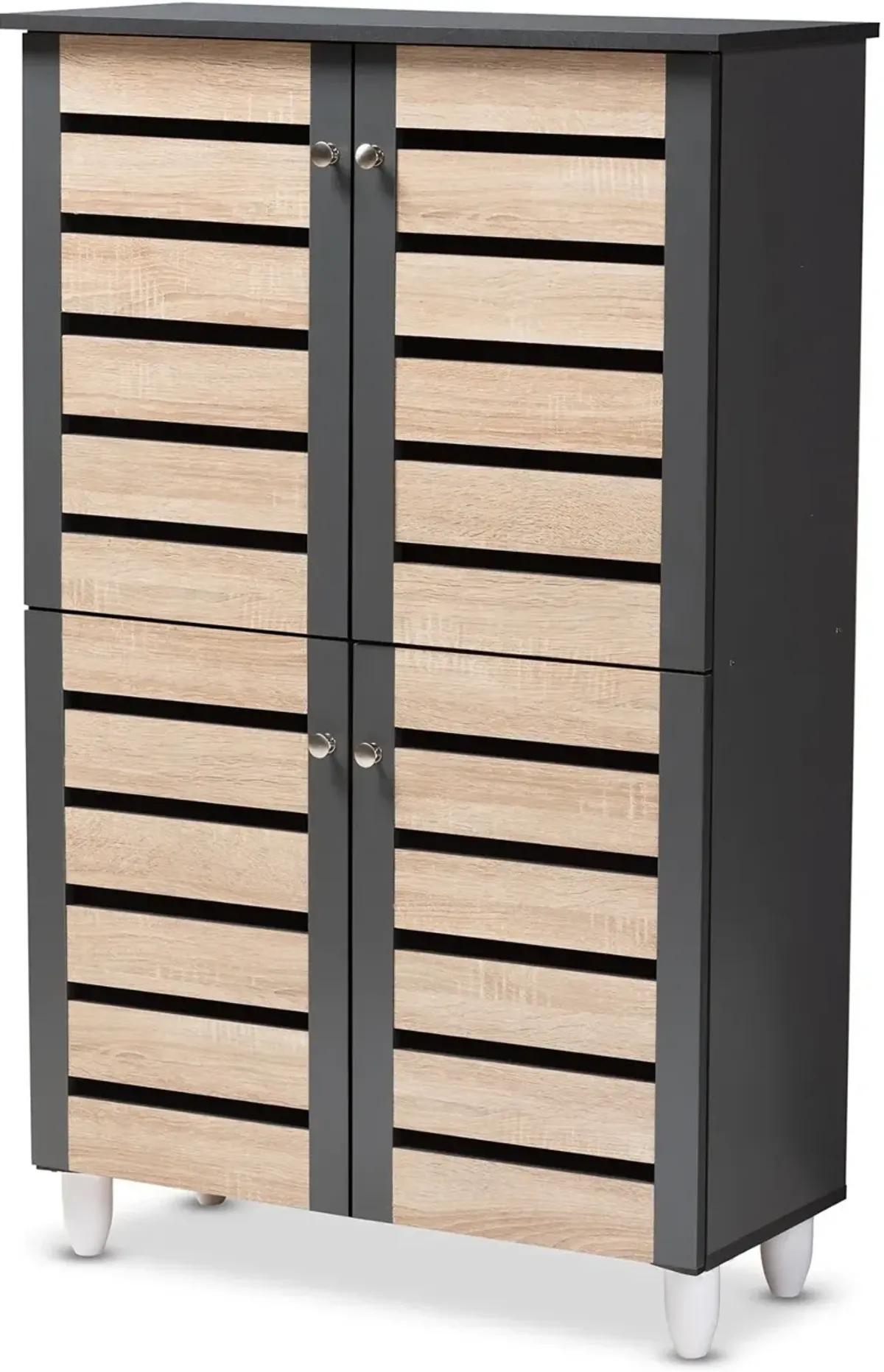 Modern Two Tone Oak and Dark Gray 4 Door Shoe Storage Cabinet - Thom