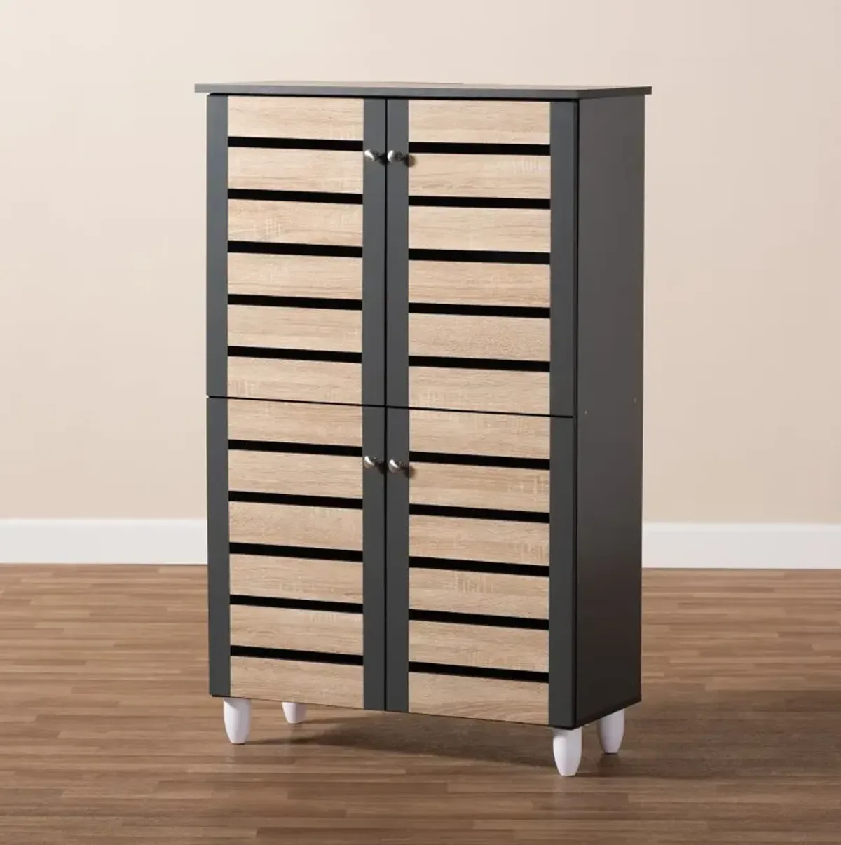 Modern Two Tone Oak and Dark Gray 4 Door Shoe Storage Cabinet - Thom