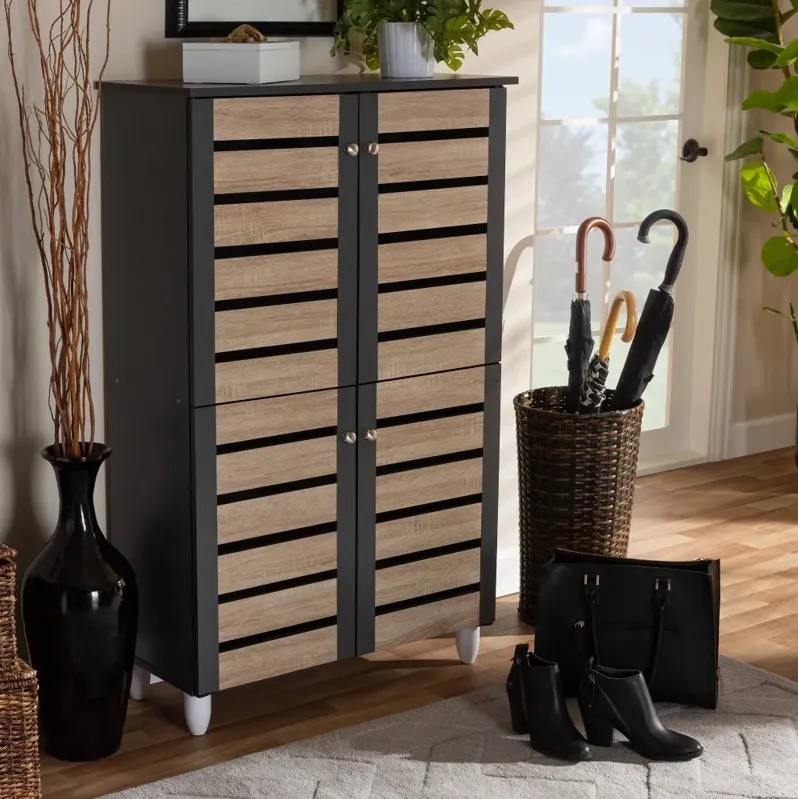 Modern Two Tone Oak and Dark Gray 4 Door Shoe Storage Cabinet - Thom