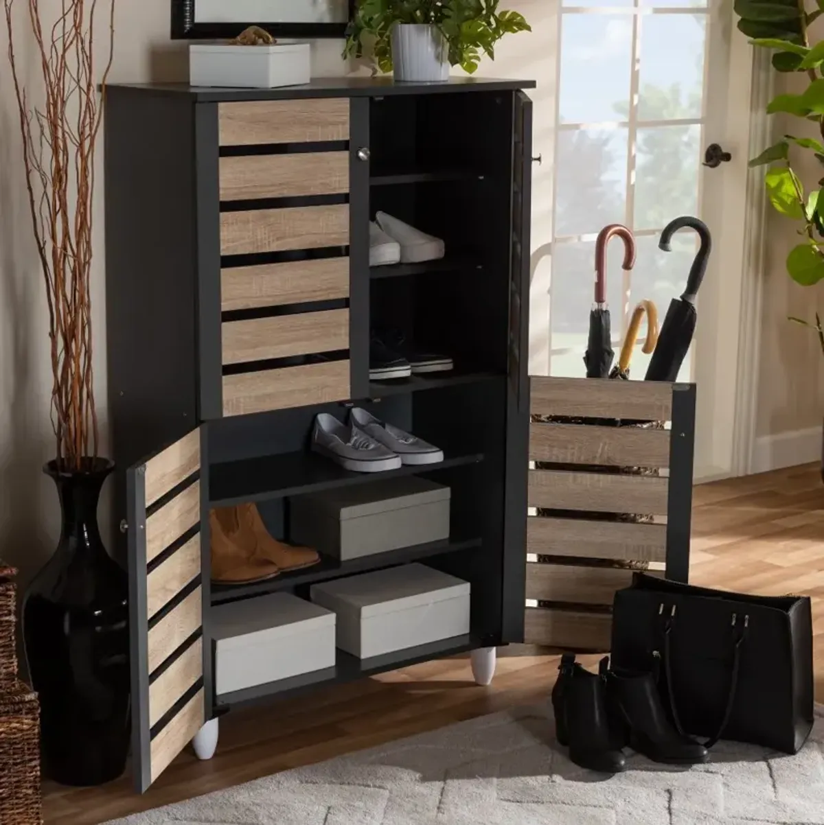 Modern Two Tone Oak and Dark Gray 4 Door Shoe Storage Cabinet - Thom