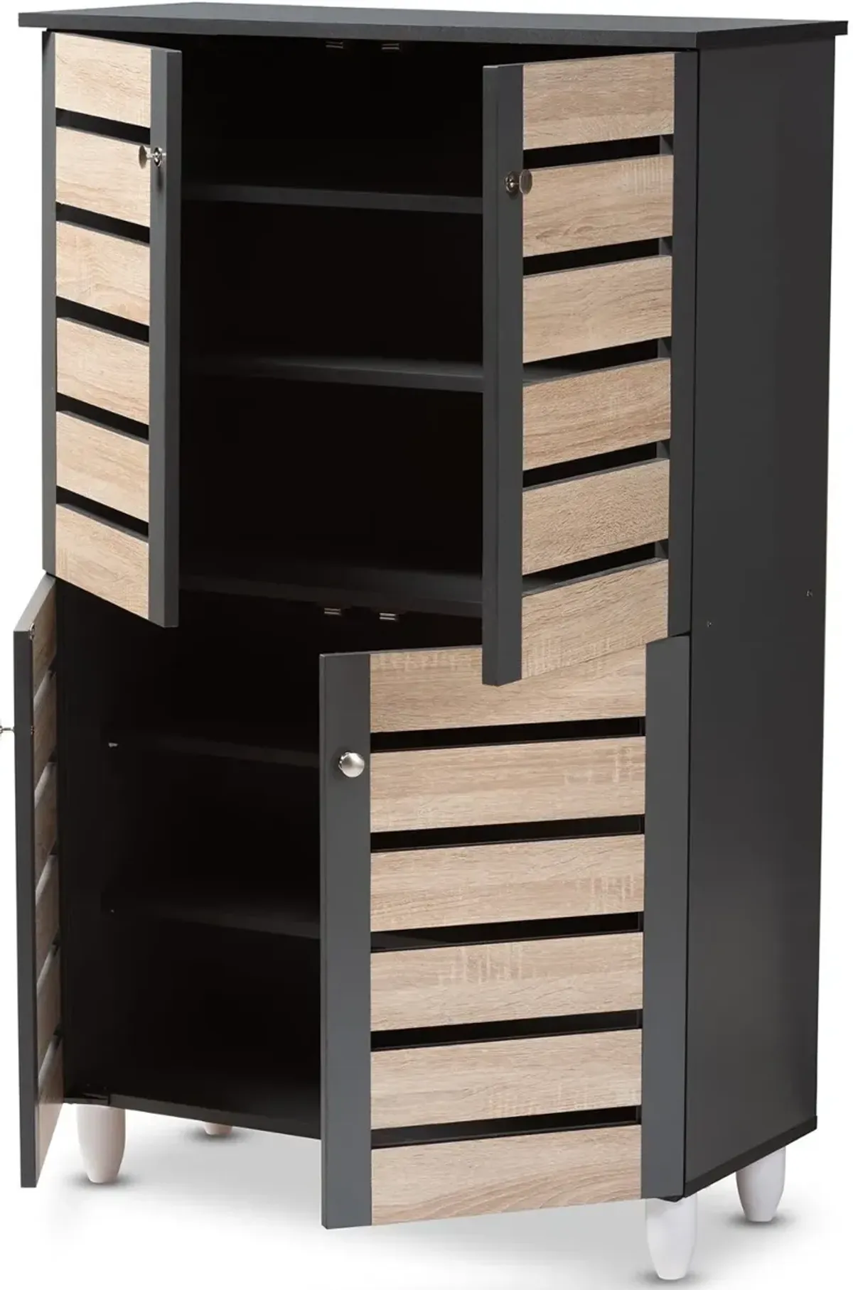 Modern Two Tone Oak and Dark Gray 4 Door Shoe Storage Cabinet - Thom