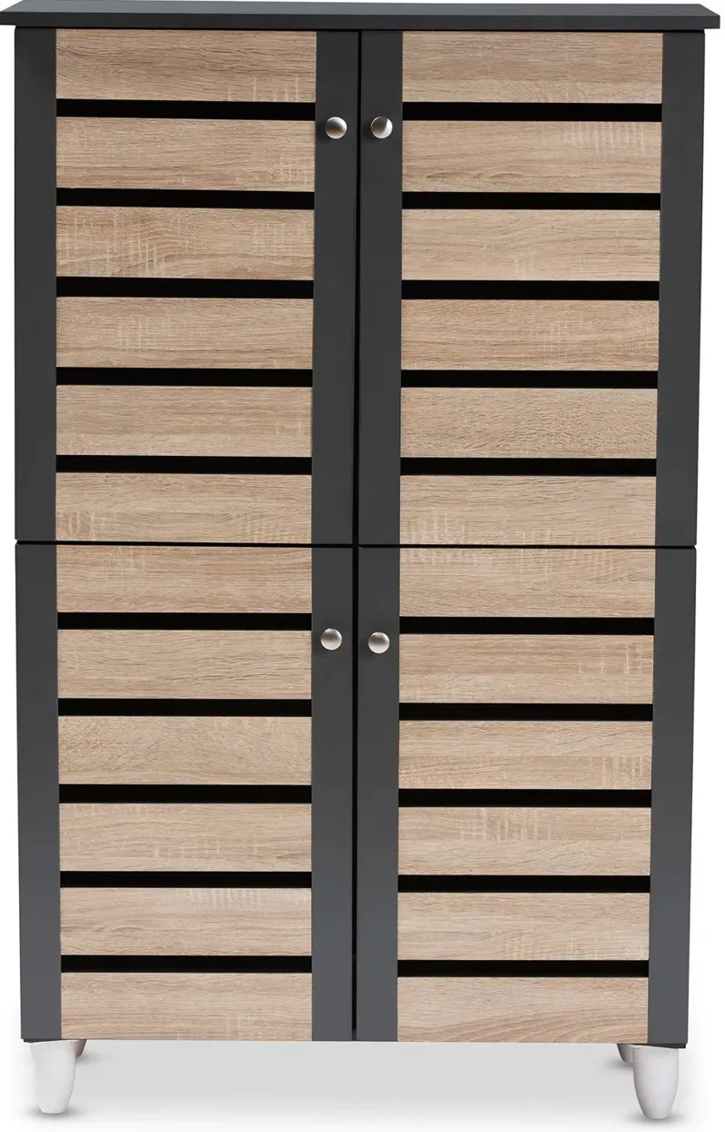 Modern Two Tone Oak and Dark Gray 4 Door Shoe Storage Cabinet - Thom