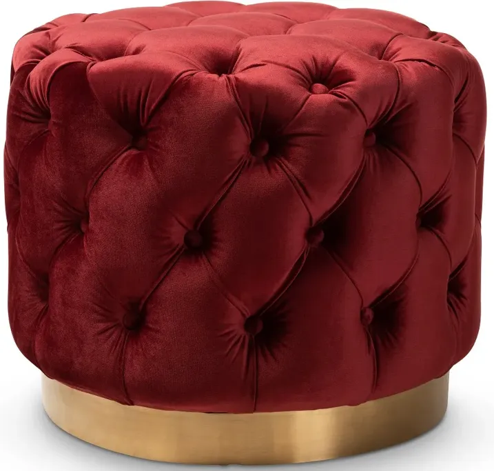 Glam Red Velvet Gold-Finished Button Tufted Ottoman - Dulcie