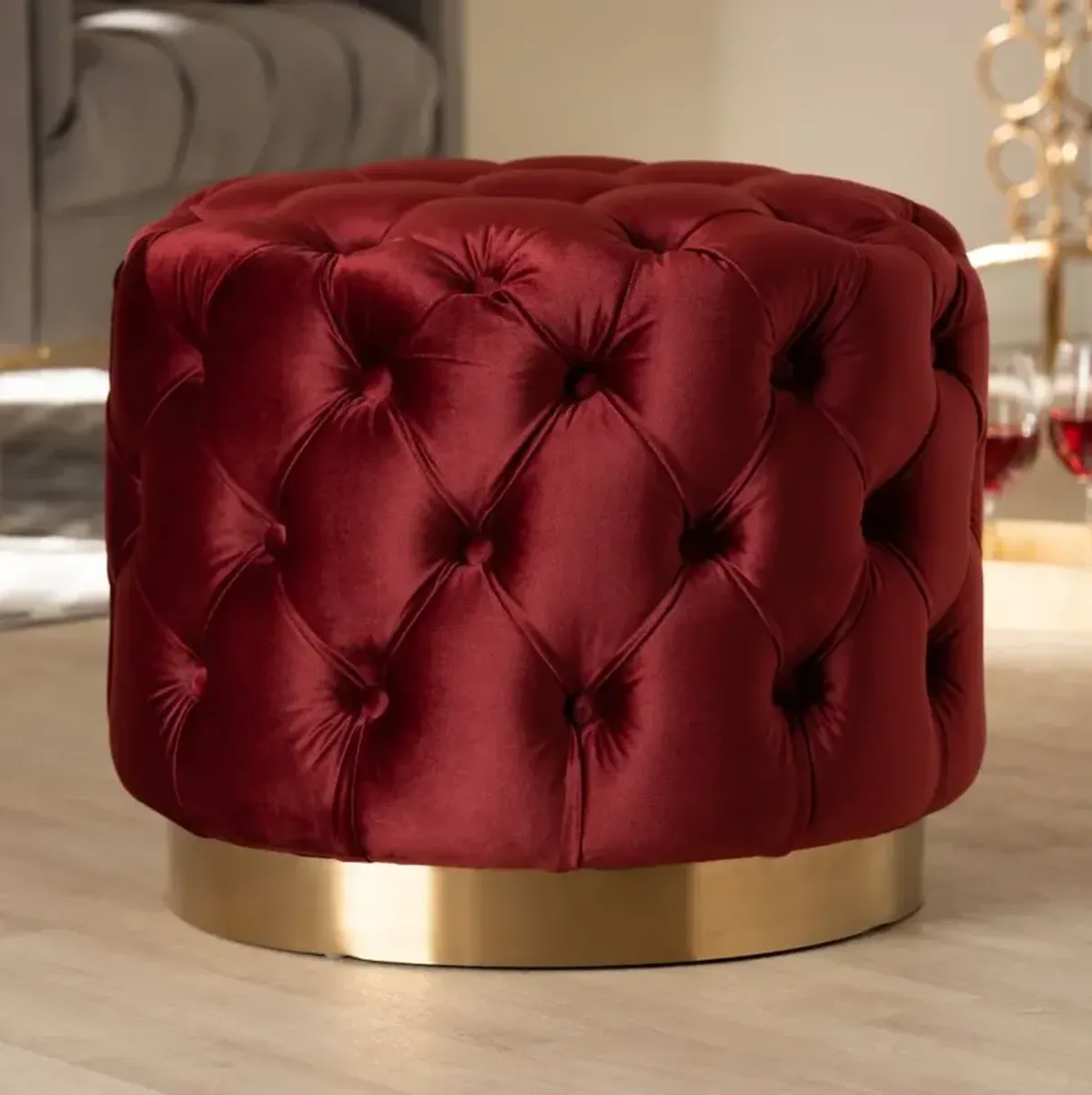 Glam Red Velvet Gold-Finished Button Tufted Ottoman - Dulcie