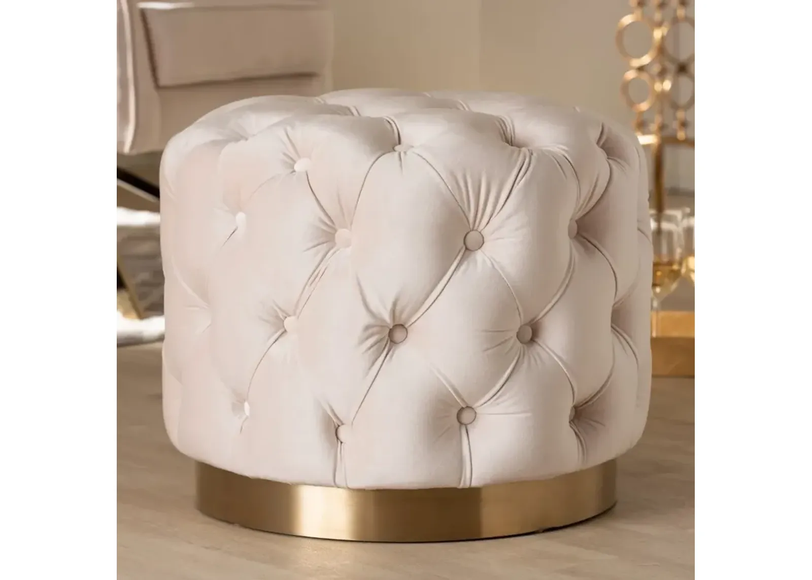 Glam Light Beige Velvet Tufted Ottoman - Dulcie