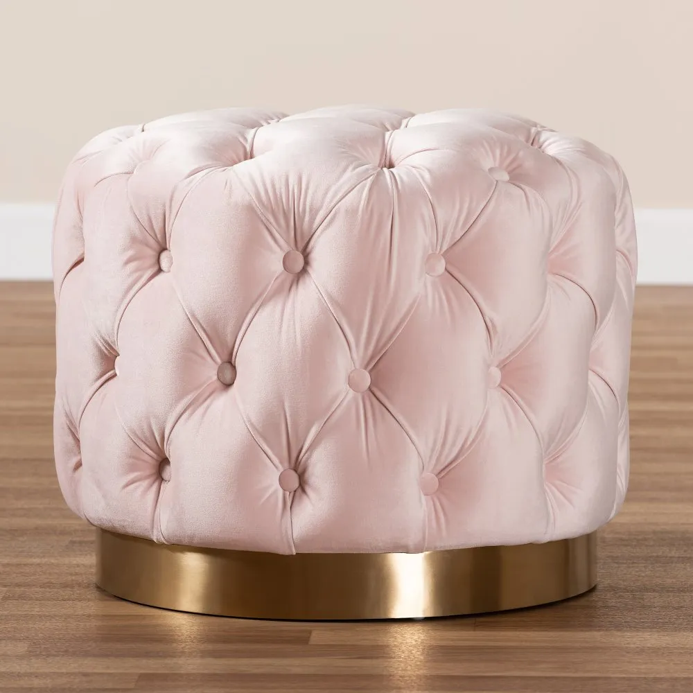 Glam Light Pink Velvet Tufted Ottoman - Dulcie