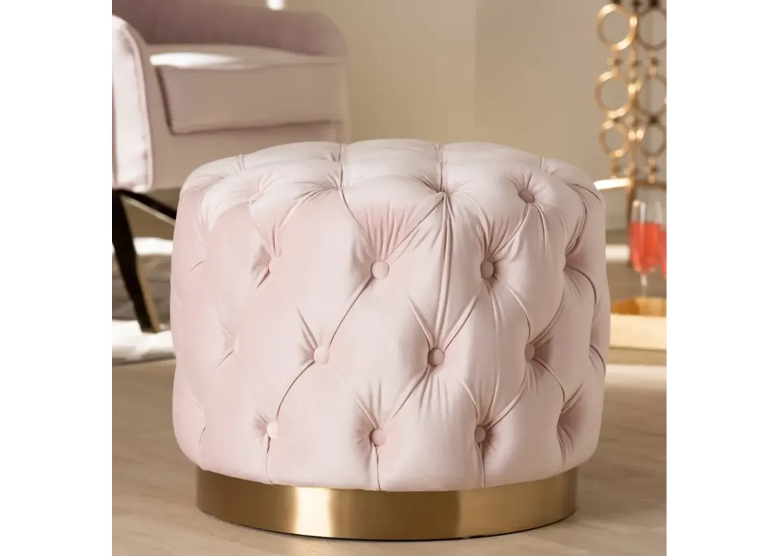 Glam Light Pink Velvet Tufted Ottoman - Dulcie