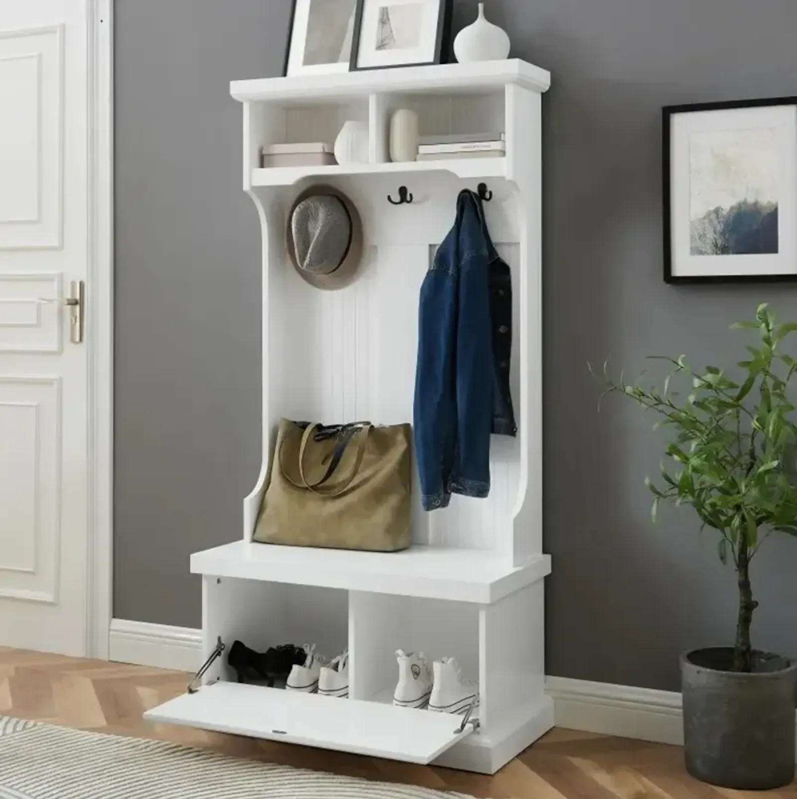 Shoreline White Hall Tree With Storage