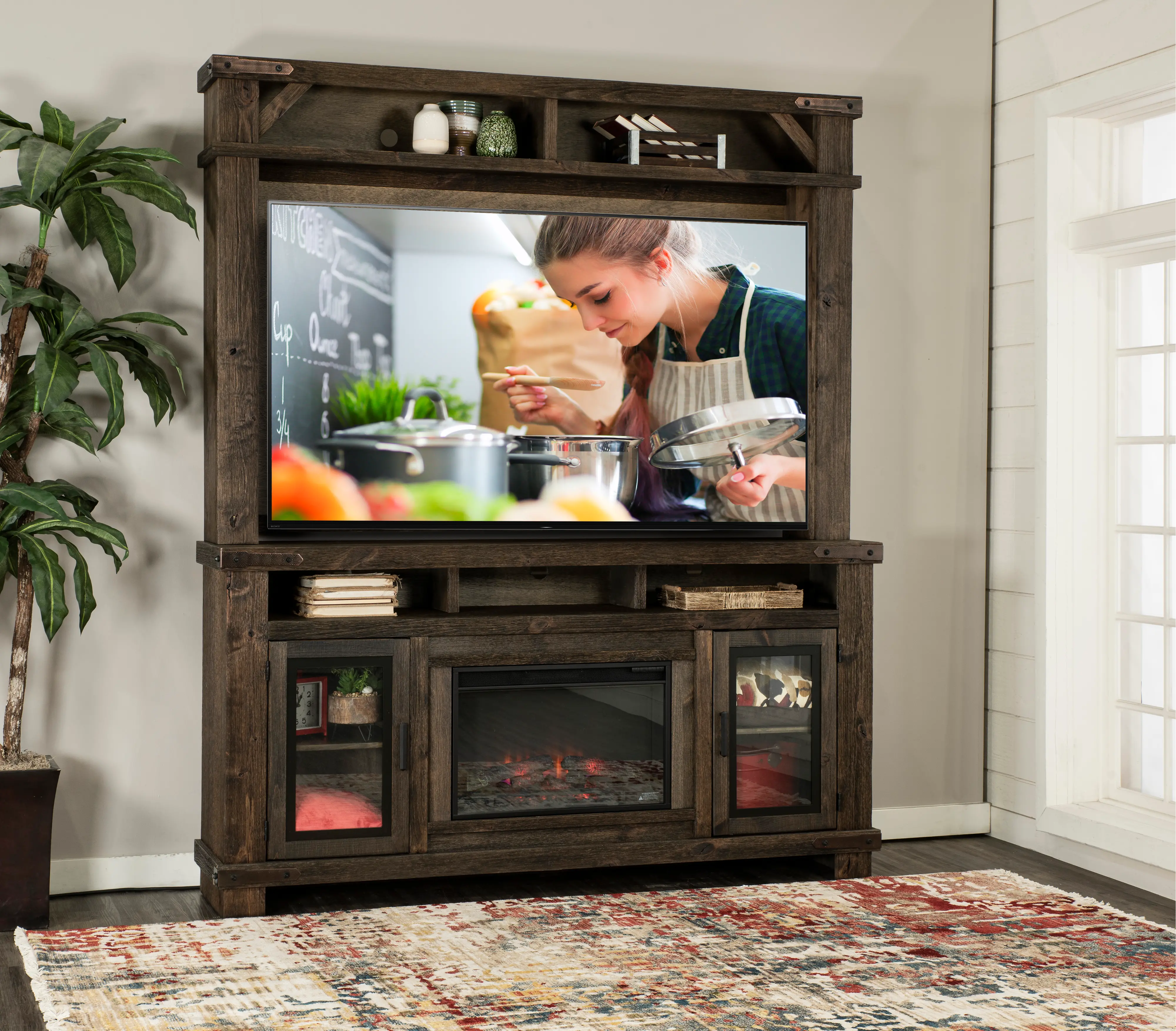 Sawyer Rustic Medium Brown Fireplace Entertainment Center