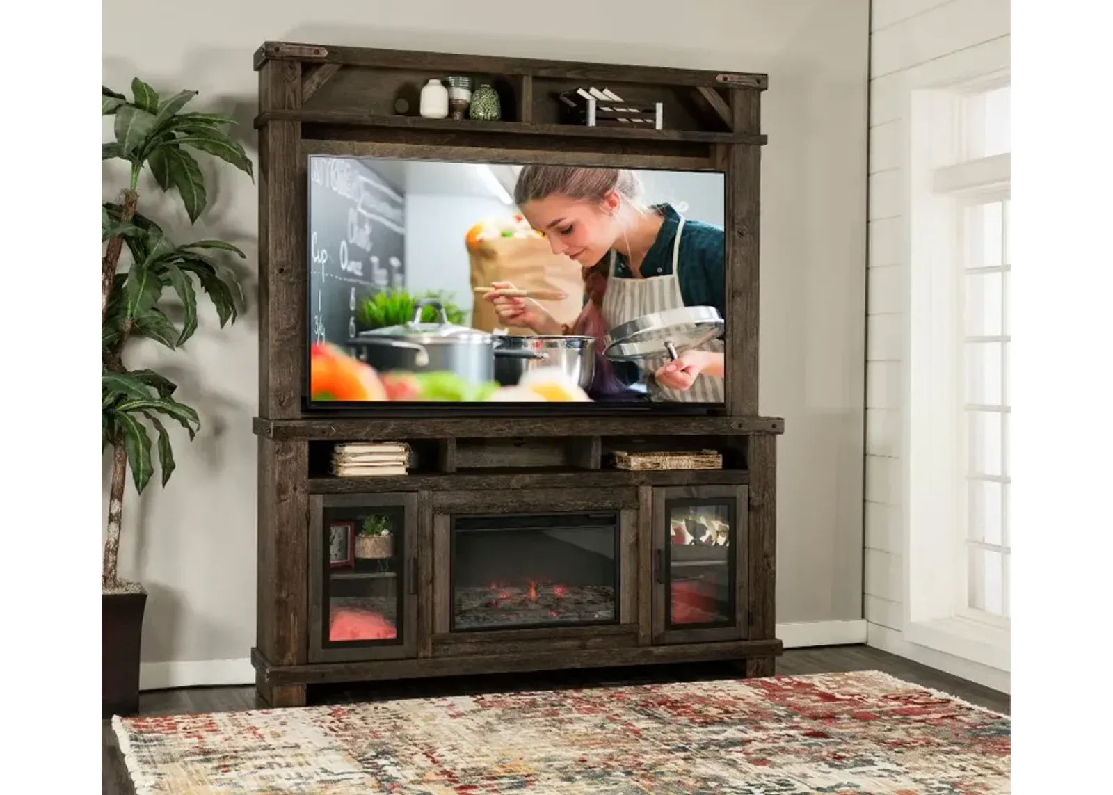 Sawyer Rustic Medium Brown Fireplace Entertainment Center