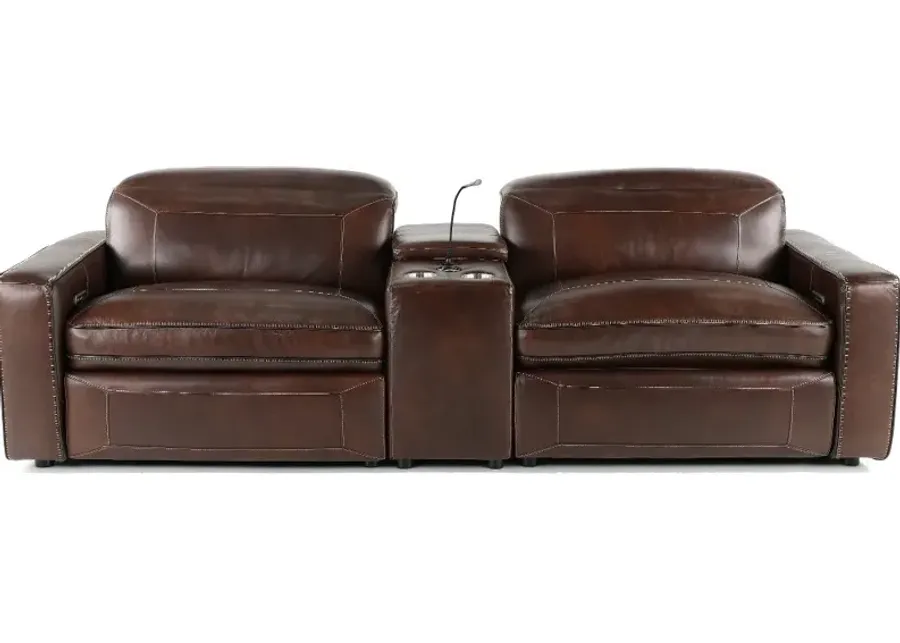 Spaces Brown Leather Power Reclining Sofa with Console