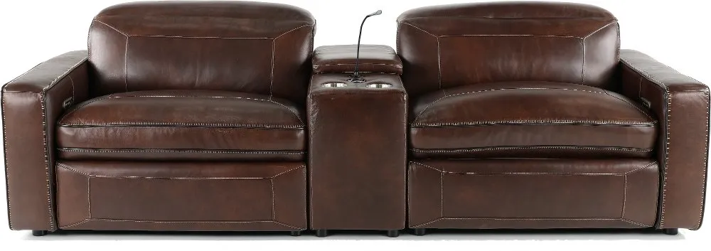 Spaces Brown Leather Power Reclining Sofa with Console