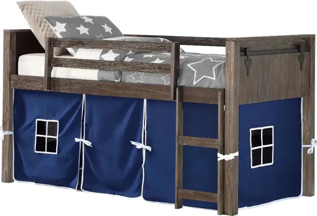 Brushed Brown Twin Loft Bed with Blue Tent - Barn Door