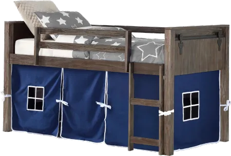 Brushed Brown Twin Loft Bed with Blue Tent - Barn Door