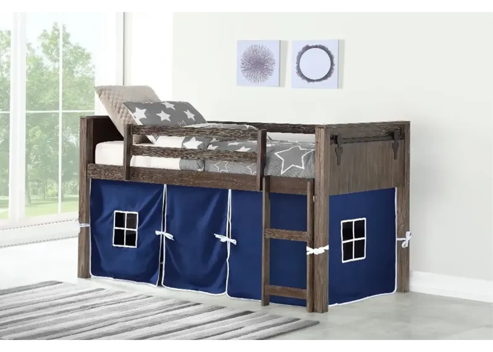 Brushed Brown Twin Loft Bed with Blue Tent - Barn Door